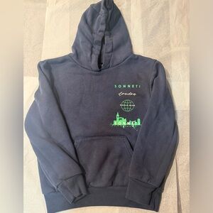 Kids Navy Hoodie with Neon Green London Graphic. Much Pre-Loved